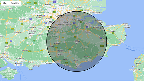 Map of the South East with a 30 mile radius.