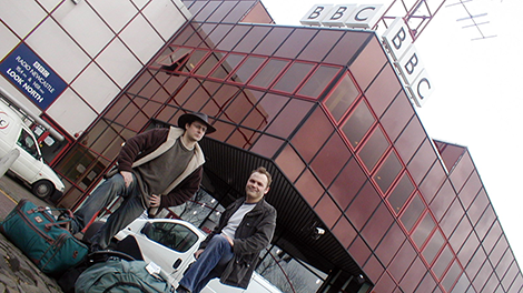 Warwick Wise and Tom Chown outside Broadcasting House in Newcastle