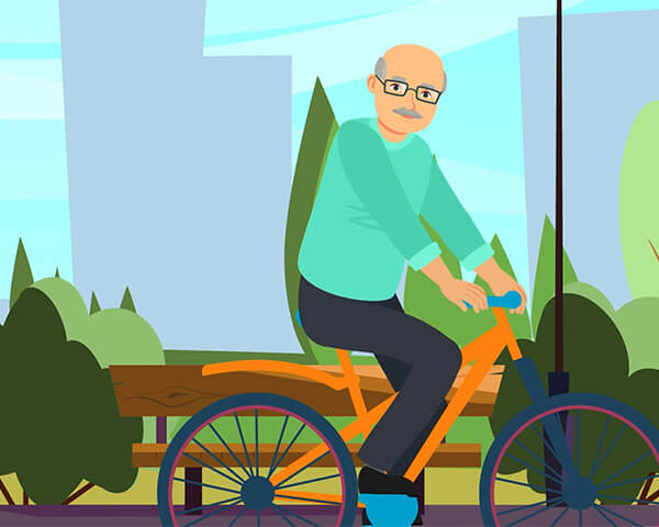 An illustration of an older person riding a bicycle through a park with trees, bushes and city buildings in the background, conveying an active outdoor lifestyle.