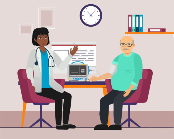 An illustrated healthcare scene showing a clinician in a white coat speaking with an older adult while a digital monitor displays a blood pressure reading, set in a calm clinical office.